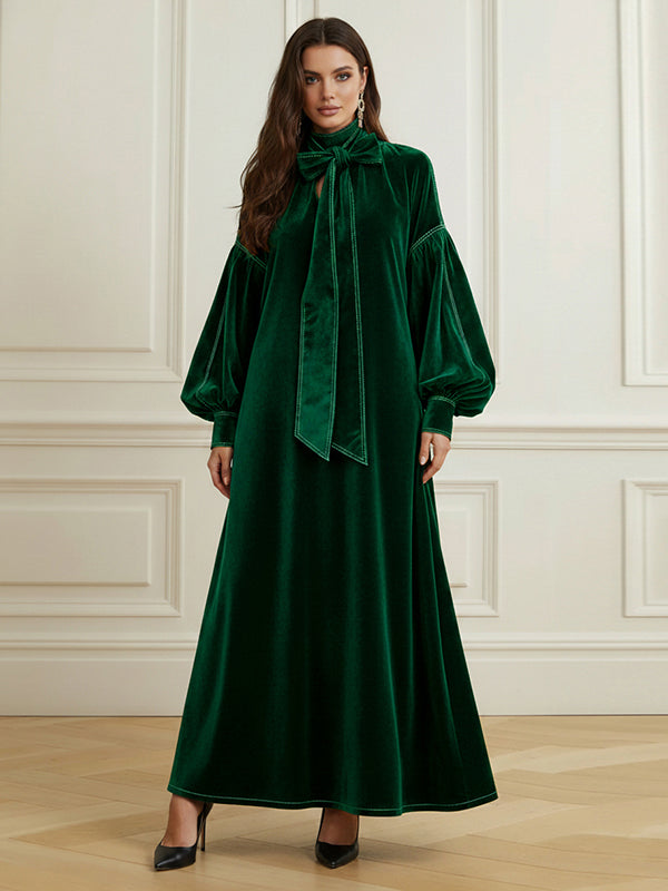 Olivia Bennet | A-Line Long Sleeves Bow-Embellished Pleated Solid Color Split-Joint High Neck Maxi Dresses