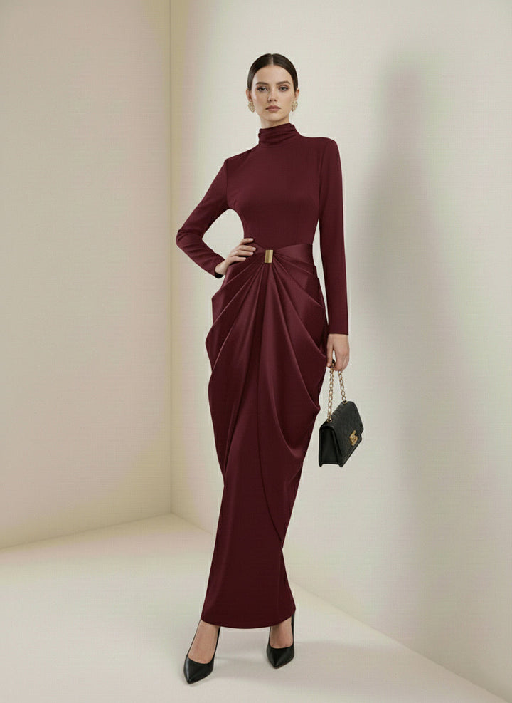 Olivia Bennet | Long Sleeves Buckle Draped High-Neck Evening Dresses Maxi Dresses