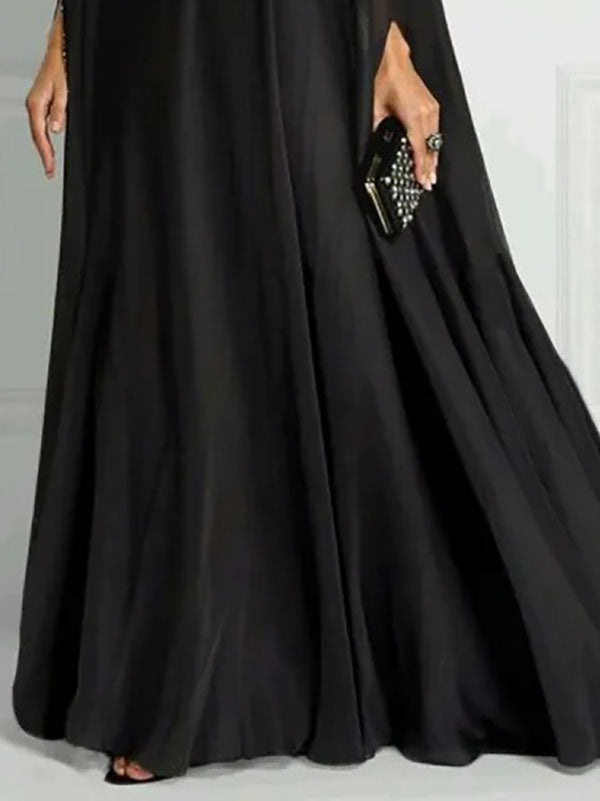 Olivia Bennet | Long Sleeves Loose Rhinestone Round-Neck Maxi Dresses
