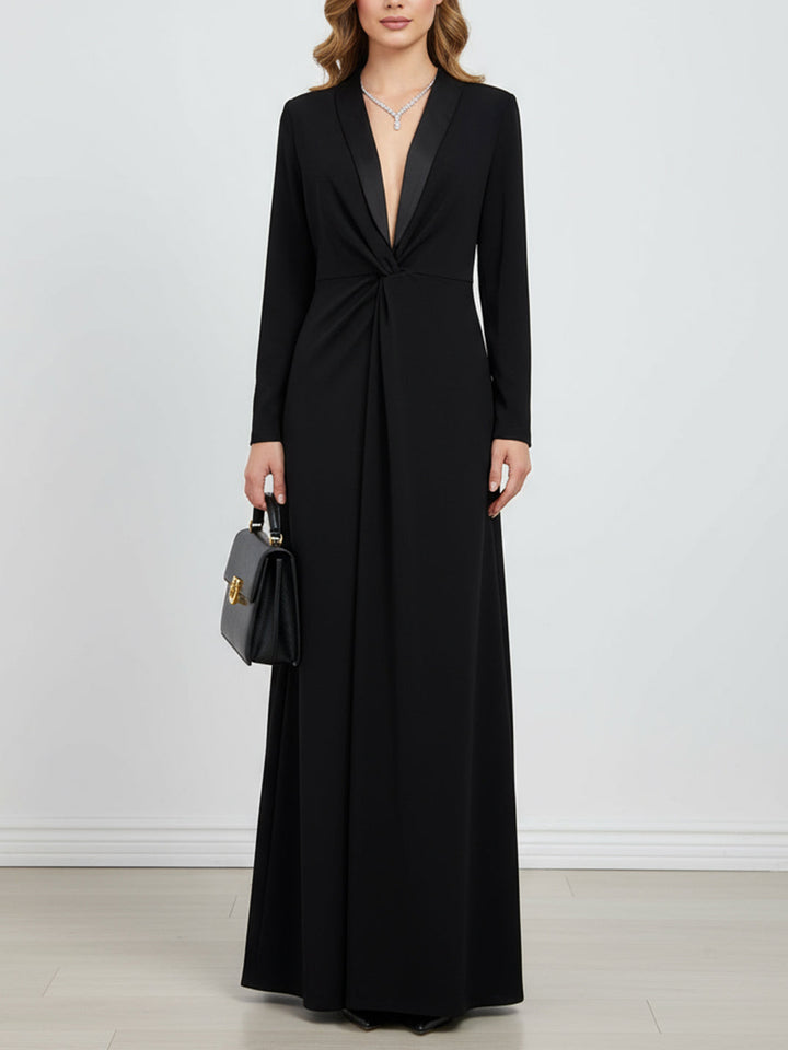 Olivia Bennet | Long Sleeves Skinny Solid Color Deep V-Neck Maxi Dresses