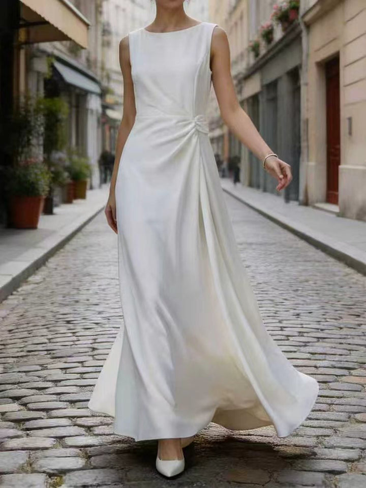 Olivia Bennet | Sleeveless Gauze Pleated Solid Color Split-Joint Round-Neck Evening Dresses Maxi Dresses