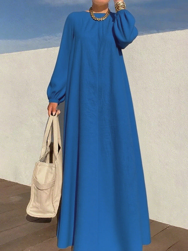 Olivia Bennet | Long Sleeves Loose Pleated Solid Color Zipper Round-Neck Maxi Dresses