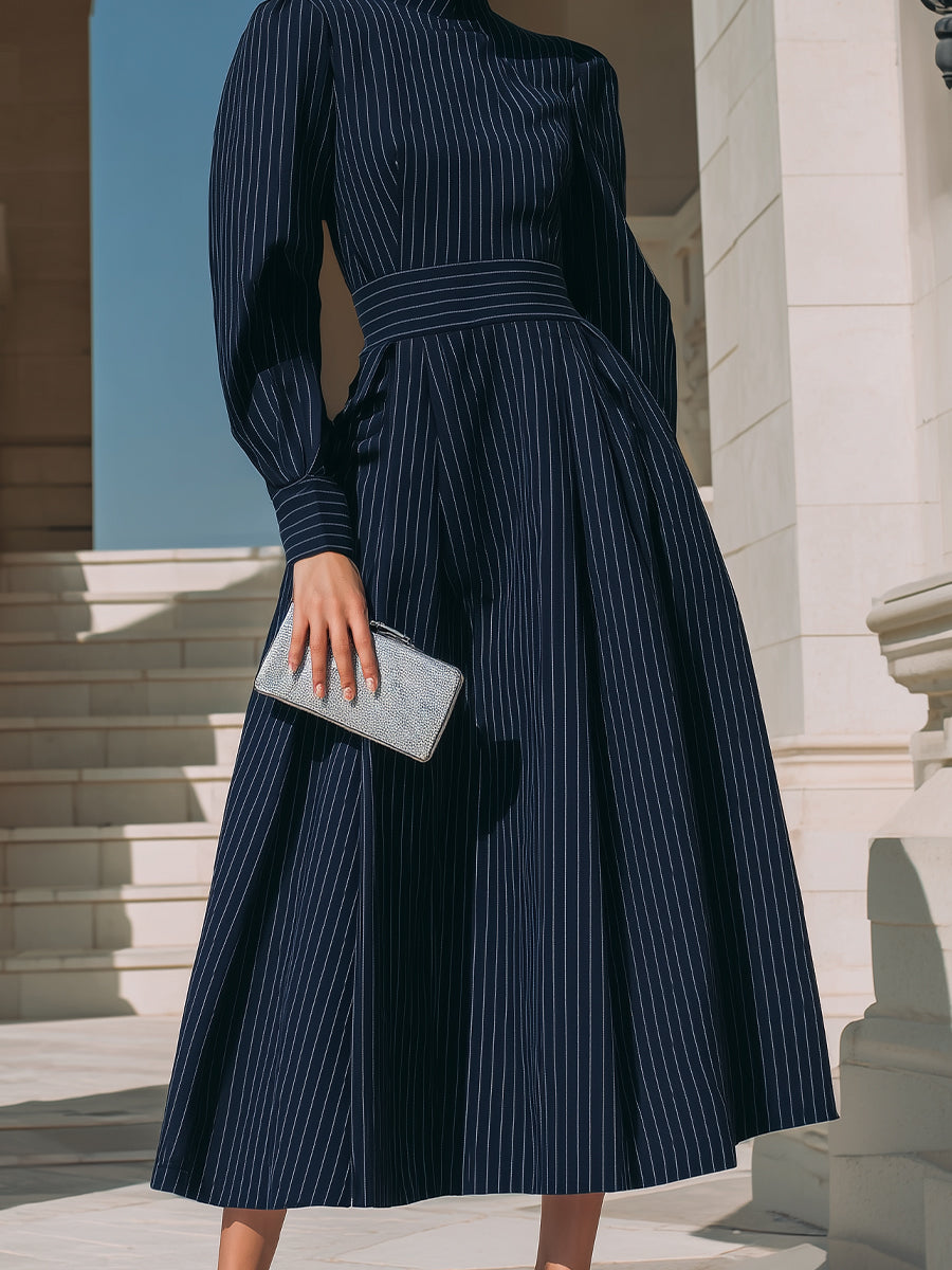 Olivia Bennet | Pinstripe Structured-Waist Suiting Midi Dress