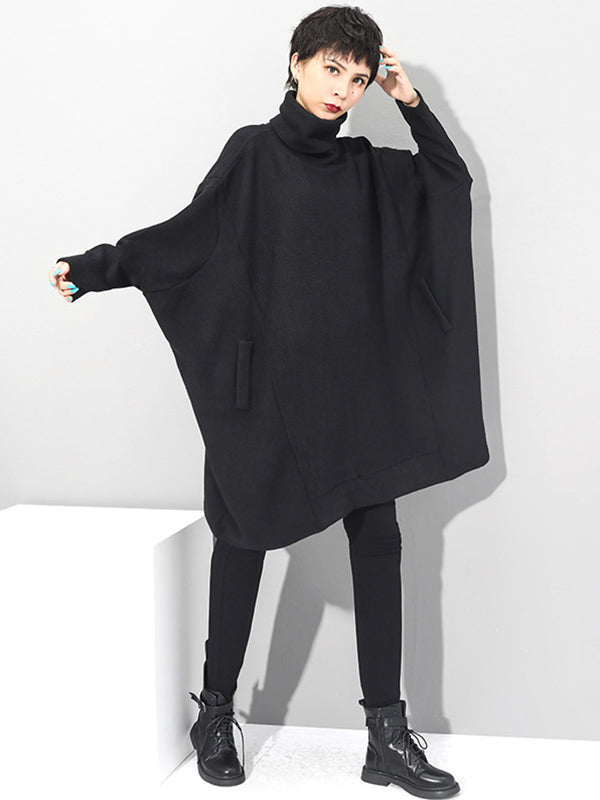 Olivia Bennet | Super Loose Black High-Neck Knitting Batwing Sleeves Sweater Dress