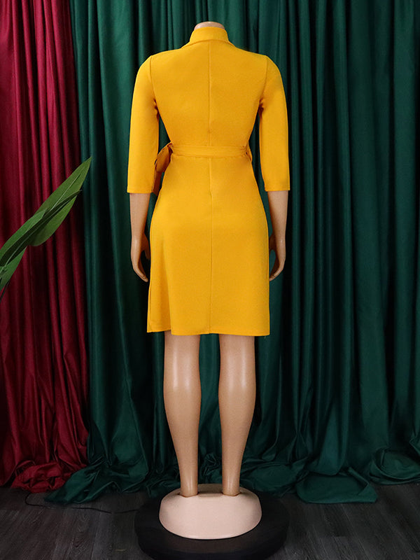 Olivia Bennet | Three-Quarter Sleeves Pleated Solid Color Split-Front Tied Waist V-Neck Mini Dresses