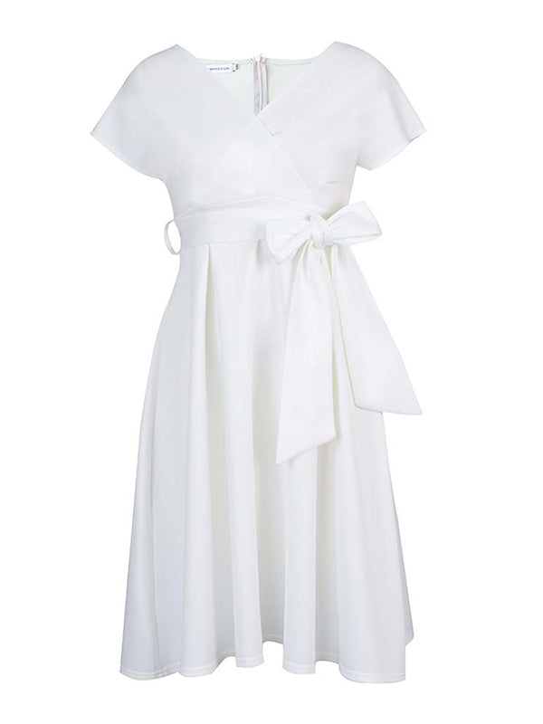 Olivia Bennet | Bowknot Lace-Up Solid Color V-Neck Midi Dresses