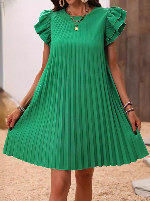 Olivia Bennet | A-Line Loose Hollow Pleated Solid Color Split-Joint Round-Neck Mini Dresses