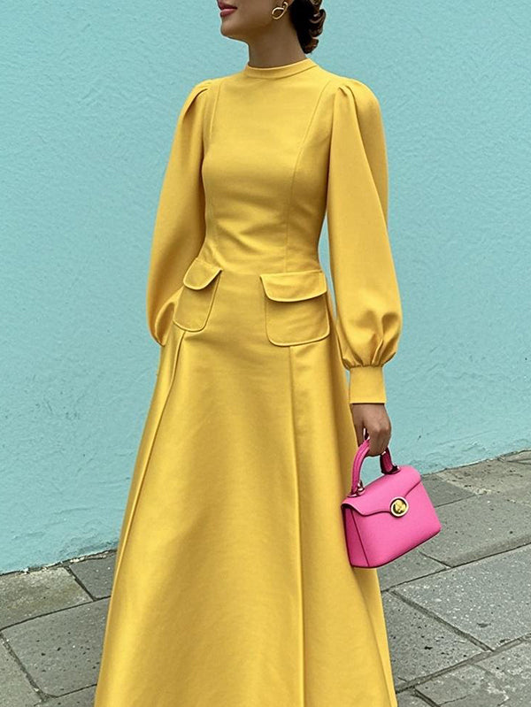 Olivia Bennet | A-Line Long Sleeves Pleated Pockets Solid Color Mock Neck Maxi Dresses