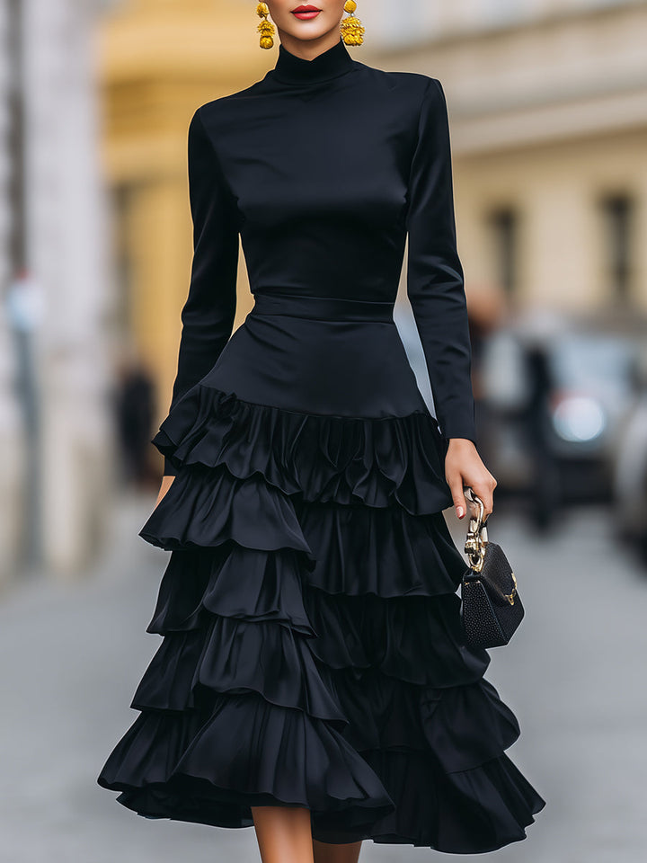 Olivia Bennet | Mock Neck Tiered Ruffle Chiffon Midi Dress