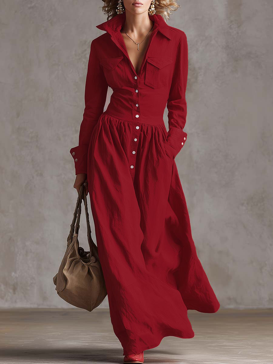 Olivia Bennet | High Waisted Long Sleeves Buttoned Pleated Pockets Solid Color Split-Joint Lapel Maxi Dresses