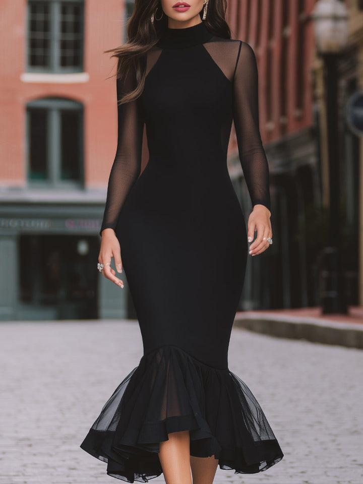 Olivia Bennet | Ivory Mermaid Midi Sheer-Sleeve Dress
