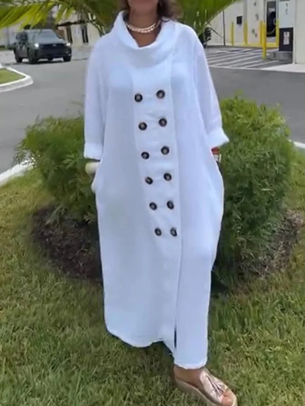 Olivia Bennet | Long Sleeves Loose Buttoned Solid Color Stand Collar Maxi Dresses