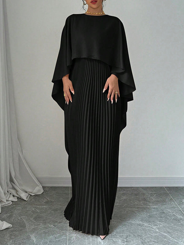 Olivia Bennet | Cape High-Low Pleated Solid Color Split-Joint Round-Neck Evening Dresses Maxi Dresses