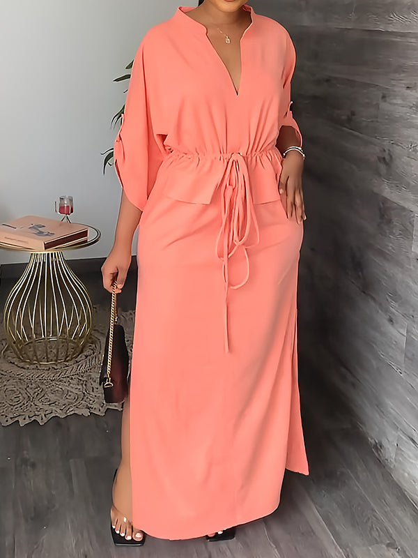 Olivia Bennet | Loose Drawstring Solid Color Split-Side V-Neck Maxi Dresses