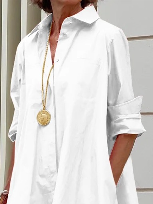 Olivia Bennet | Long Sleeves Loose Solid Color Lapel Collar Midi Dresses Shirt Dress