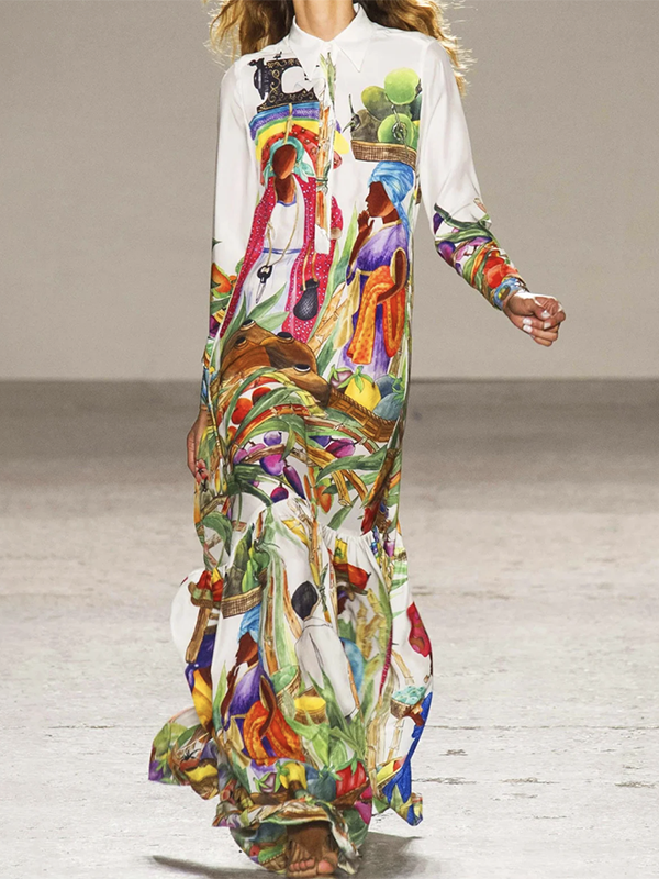 Olivia Bennet | Long Sleeves Loose Asymmetric Printed Split-Joint Lapel Maxi Dresses Shirt Dress