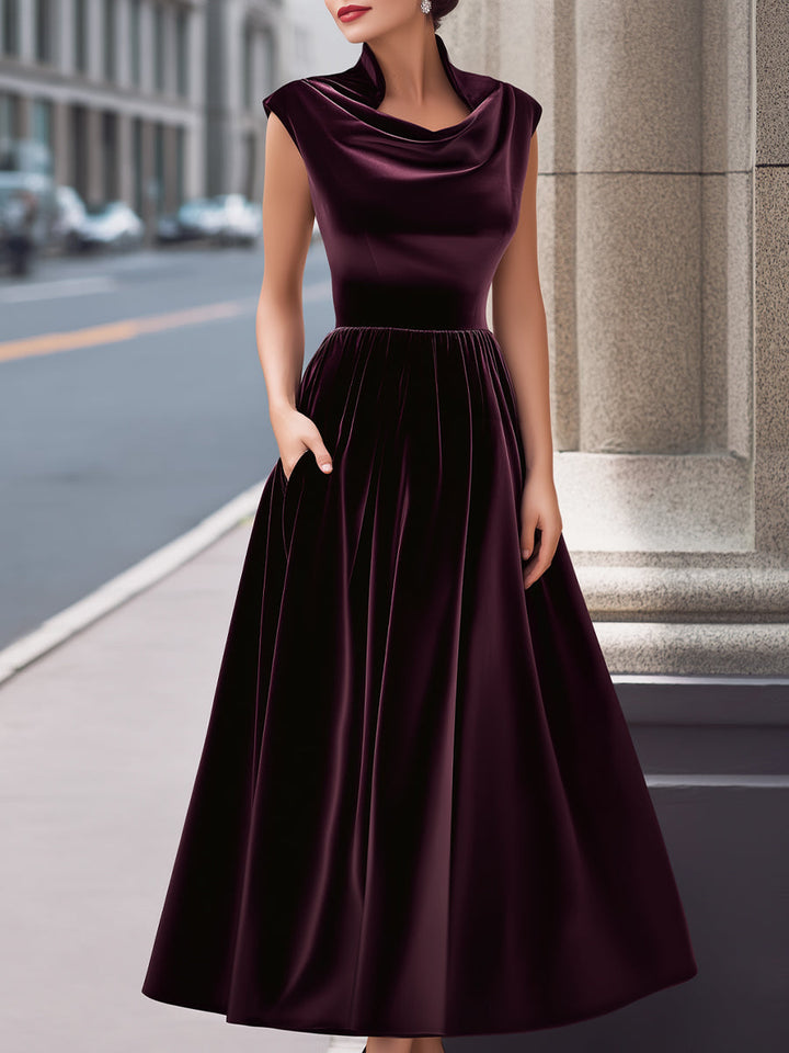 Olivia Bennet | Black Cowl-Neck A-Line Velvet Evening Gown