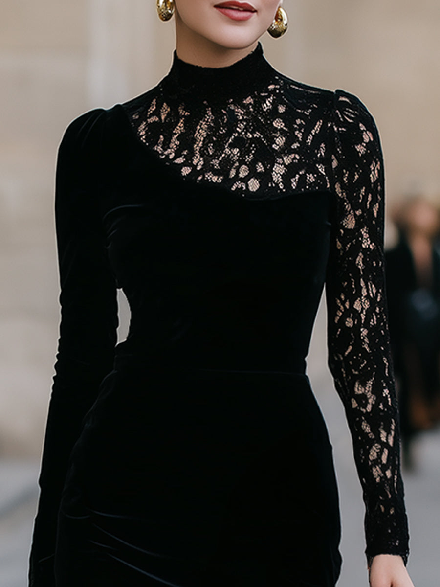 Olivia Bennet | High-Neck Lace-Panel Velvet Midi Dress