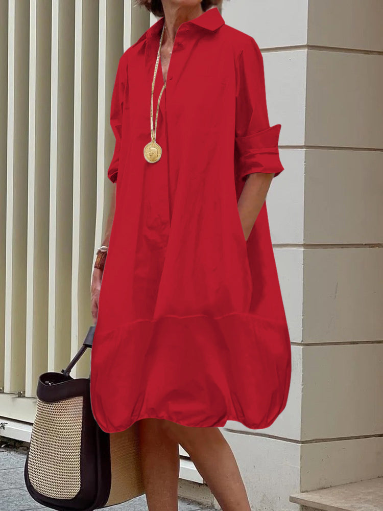 Olivia Bennet | Long Sleeves Loose Solid Color Lapel Collar Midi Dresses Shirt Dress
