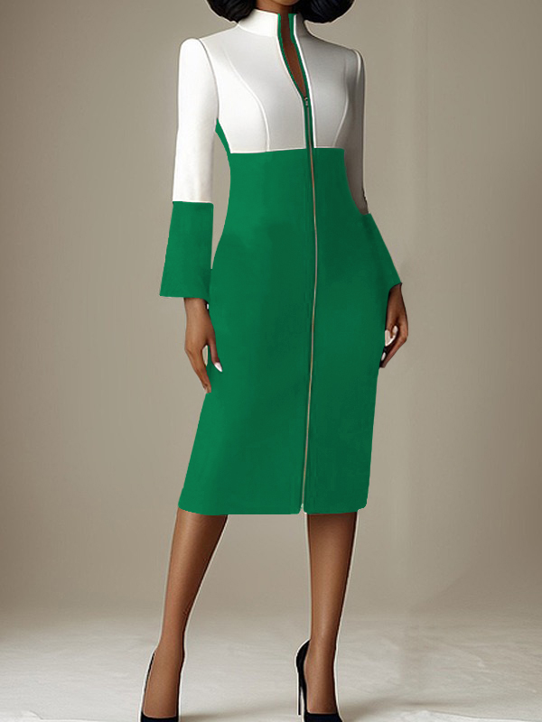 Olivia Bennet | Long Sleeves Contrast Color Split-Joint Zipper Stand Collar Midi Dresses