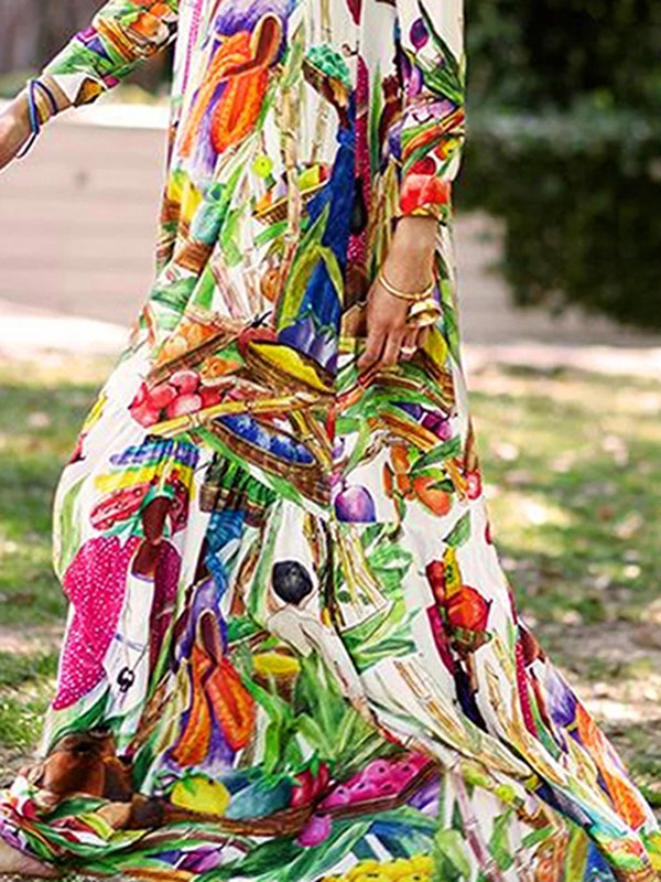 Olivia Bennet | Long Sleeves Loose Asymmetric Printed Split-Joint Lapel Maxi Dresses Shirt Dress