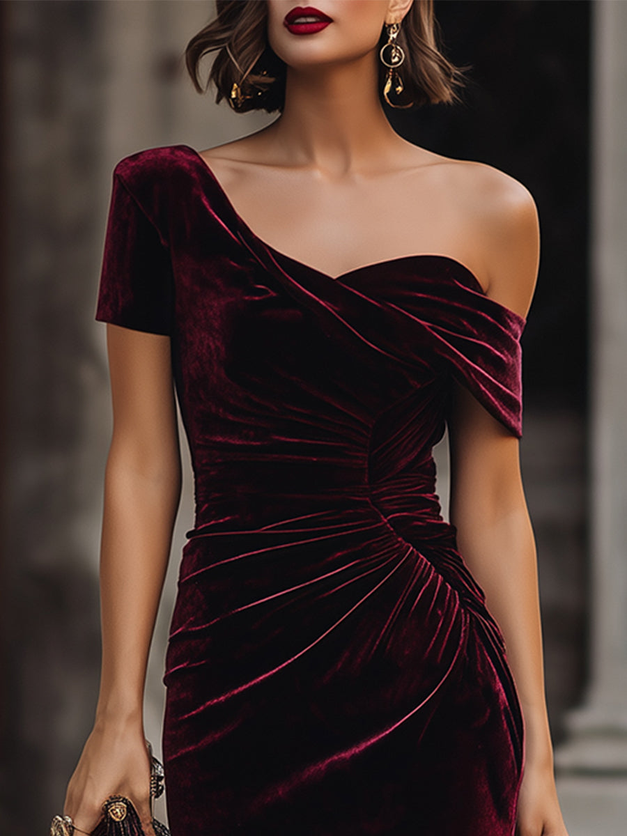 Olivia Bennet | Midnight Asymmetrical Velvet Midi Dress