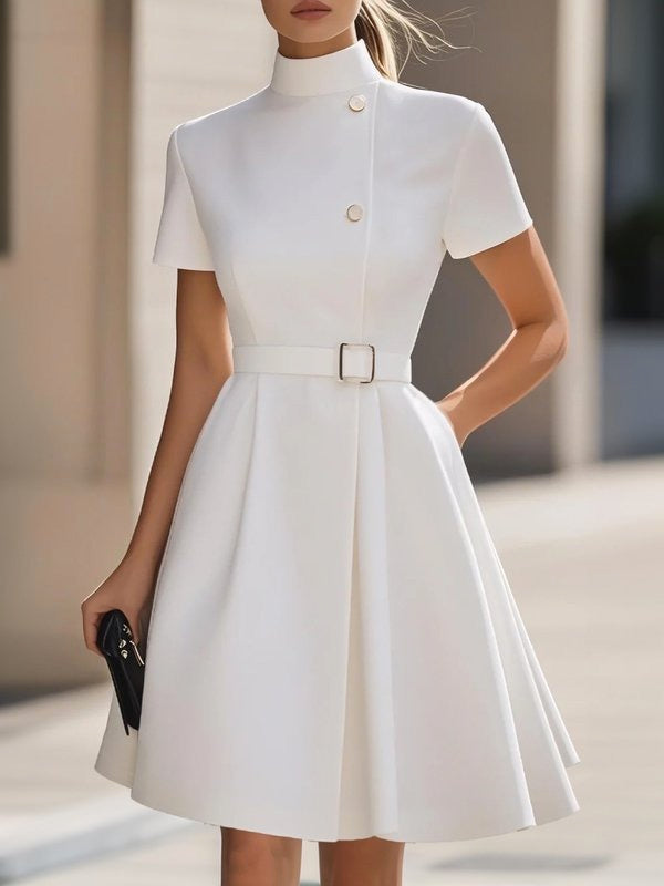 Olivia Bennet | Short Sleeves Belted Buttoned Solid Color Stand Collar Mini Dresses