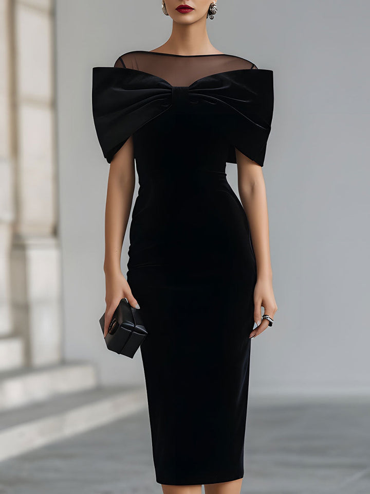Olivia Bennet | Black Bow Midi Velvet Dress