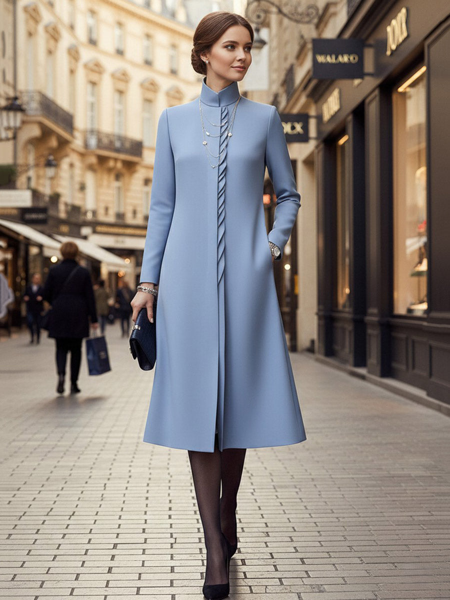 Olivia Bennet | A-Line Bodycon Asymmetric Pleated Pockets Solid Color Split-Joint Stand Collar Midi Dresses