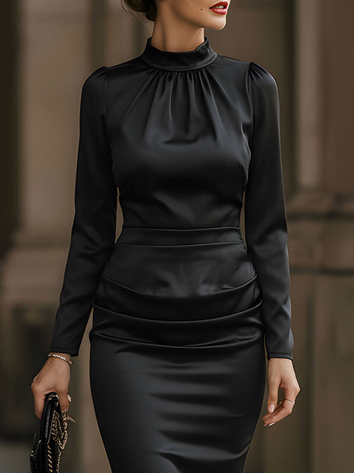 Olivia Bennet | Champagne Gathered-Neck Ruched-Waist Satin Pencil Dress