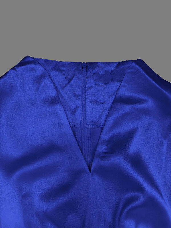 Olivia Bennet | High Waisted Puff Sleeves Falbala Solid Color V-Neck Maxi Dresses