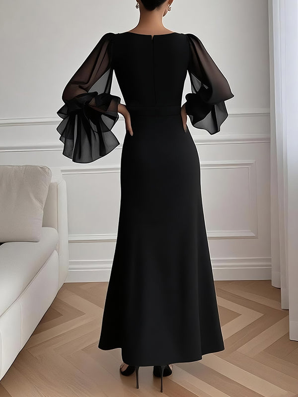 Olivia Bennet | Flared Sleeves Long Sleeves Solid Color Split-side Zipper V-neck Maxi Dresses