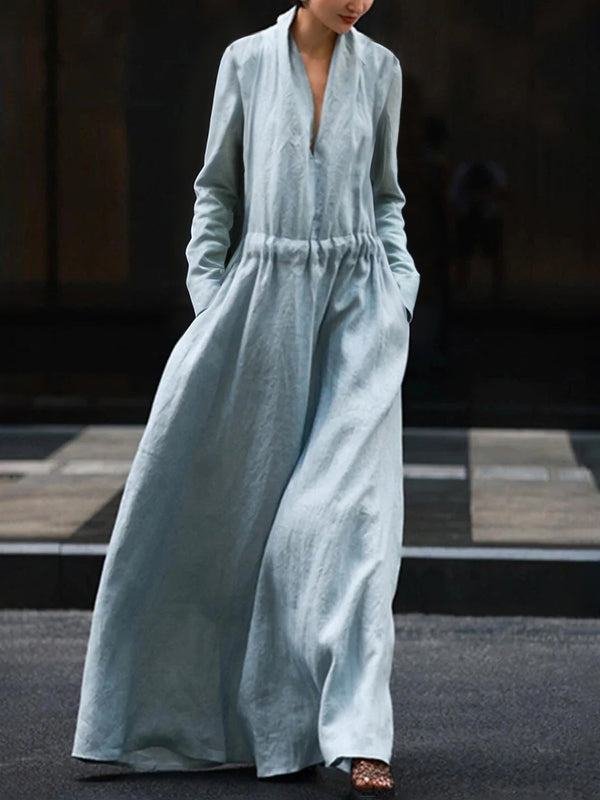 Olivia Bennet | Long Sleeves Loose Elasticity Solid Color V-Neck Maxi Dresses