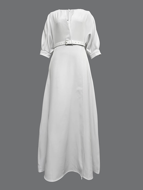 Olivia Bennet | Half Sleeves Loose Belted Solid Color Deep V-Neck Maxi Dresses
