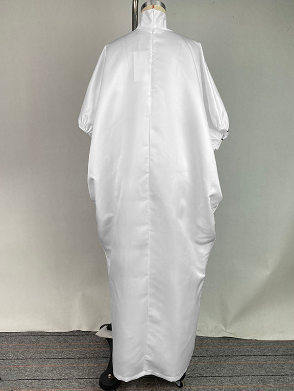 Olivia Bennet | Half Sleeves Loose Elasticity Printed Split-Front Stand Collar Maxi Dresses