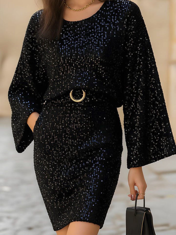 Olivia Bennet | Bell-Sleeve Belted Sequin-Knit Bodycon Dress