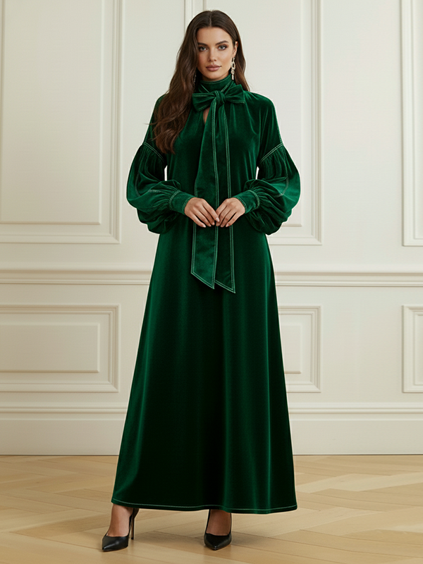 Olivia Bennet | A-Line Long Sleeves Bow-Embellished Pleated Solid Color Split-Joint High Neck Maxi Dresses