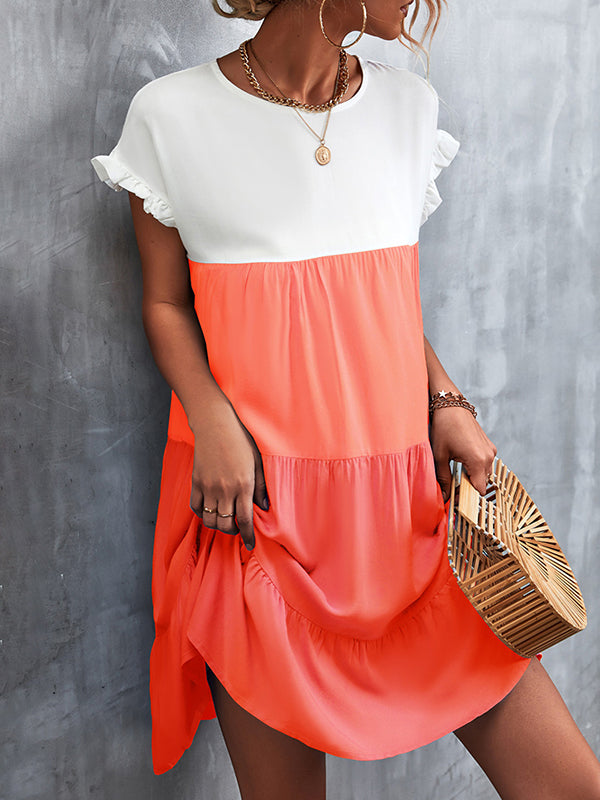 Olivia Bennet | Loose Ruffle Sleeves Contrast Color Falbala Pleated Split-Joint Round-Neck Mini Dresses
