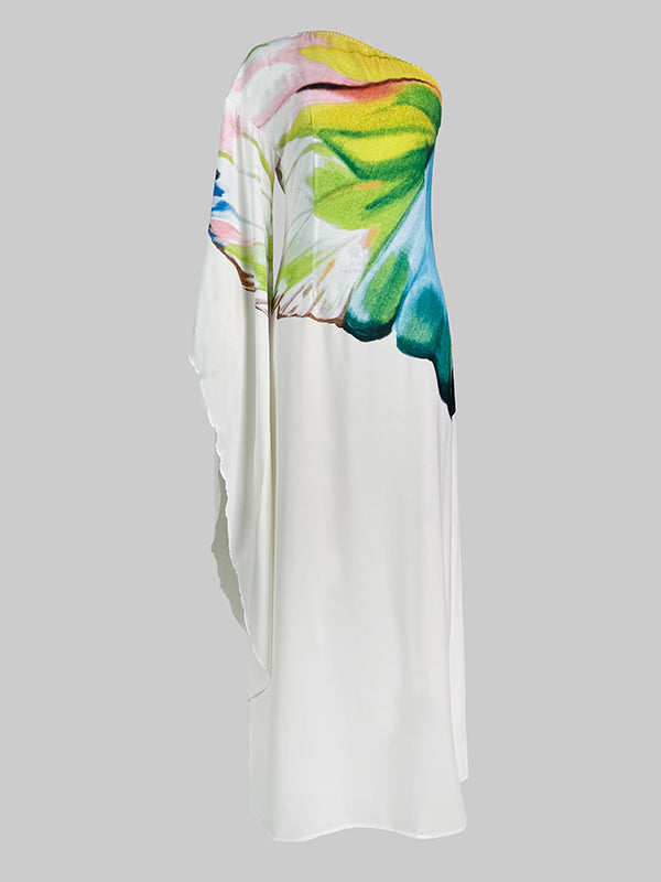 Olivia Bennet | Long Sleeves Loose Asymmetric Flower Print One-Shoulder Maxi Dresses
