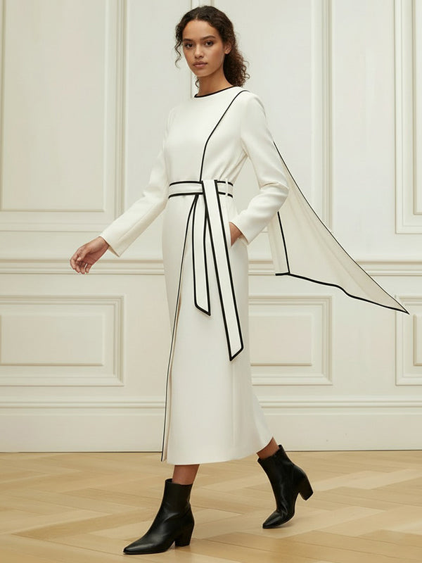 Olivia Bennet | Long Sleeves Minimalist Belted Comfort Contrast Color Round-Neck Midi Dresses