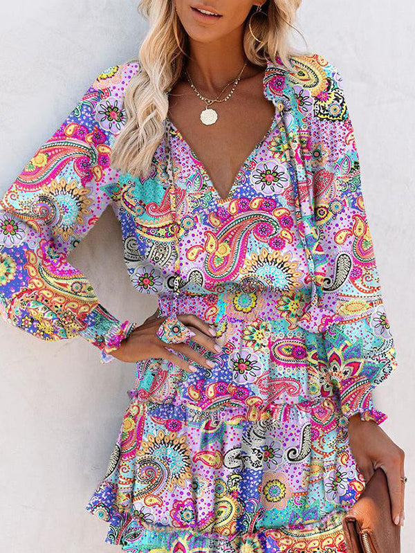 Olivia Bennet | A-Line Long Sleeves Contrast Color Flower Print Pleated Split-Joint Tied V-Neck Mini Dresses