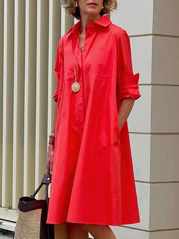 Olivia Bennet | Simple Long Sleeves Solid Color Lapel Midi Dress
