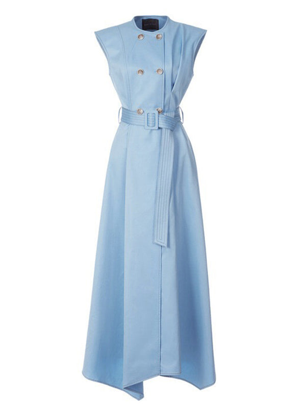 Olivia Bennet | A-Line High Waisted Belted Buttoned Pockets Solid Color Round-Neck Maxi Dresses