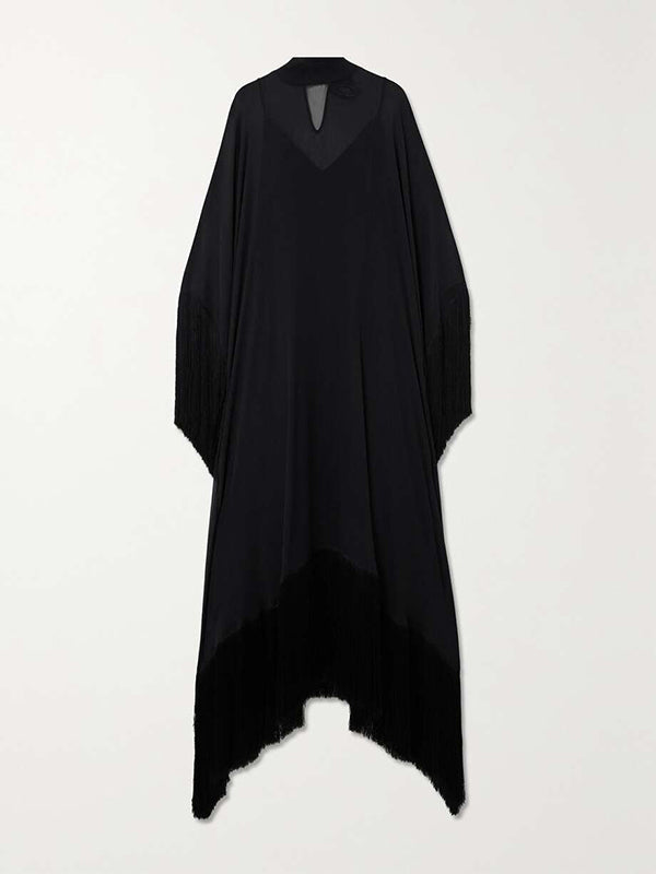 Olivia Bennet | Batwing Sleeves Loose See-Through Solid Color Tasseled Mock Neck Maxi Dresses