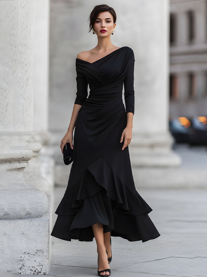 Olivia Bennet | One-Shoulder Ruched Asymmetric Ruffle Hem Maxi Dress
