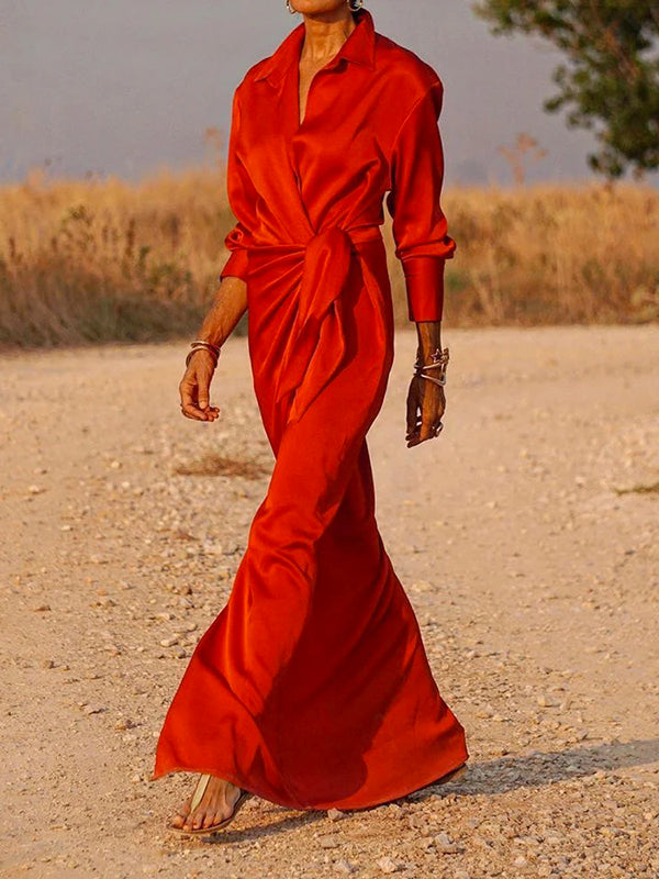 Olivia Bennet | Long Sleeves Loose Solid Color Lapel Collar Maxi Shirt Dresses