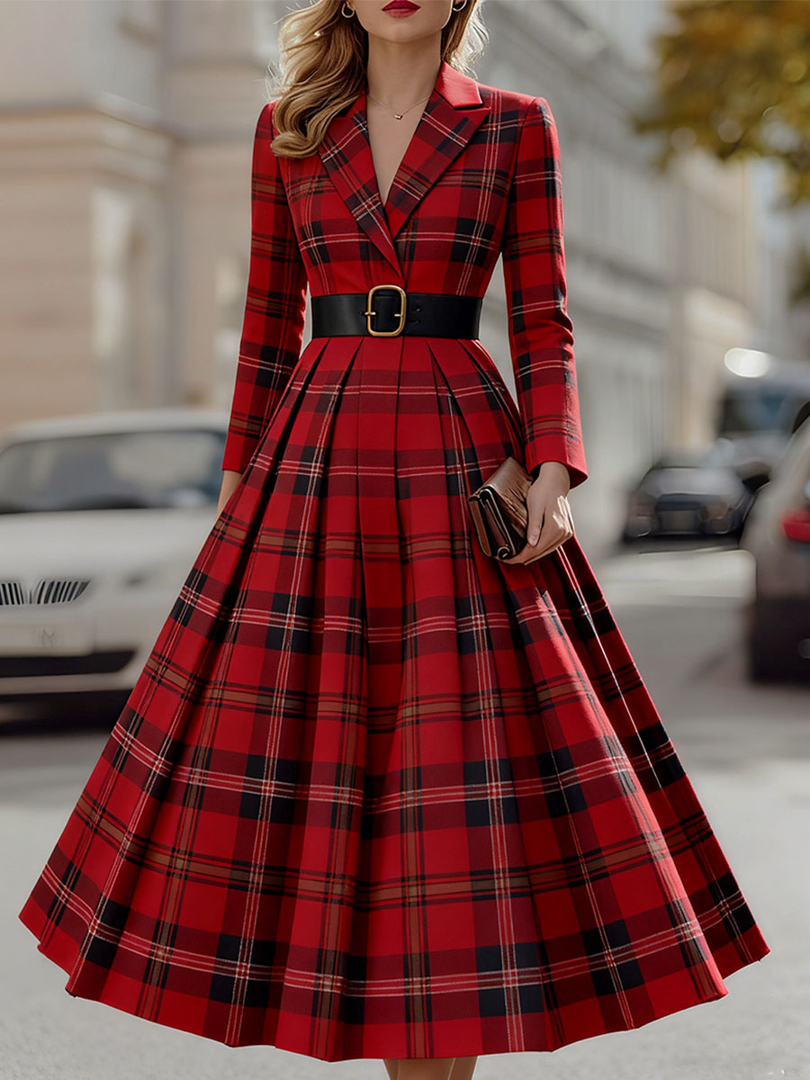 Olivia Bennet | Olivia Bennet Statement Red Plaid Trench Dress With Gold Buckle Belt