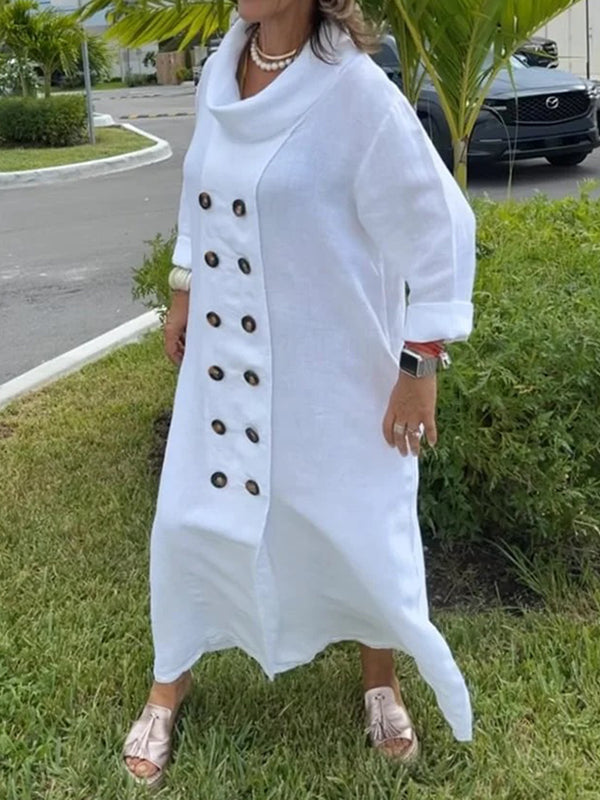 Olivia Bennet | Long Sleeves Loose Buttoned Solid Color Stand Collar Maxi Dresses