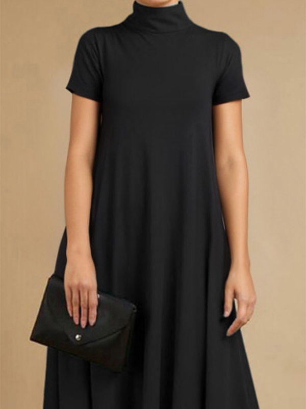 Olivia Bennet | Loose Short Sleeves Solid Color Stand Collar Maxi Dresses