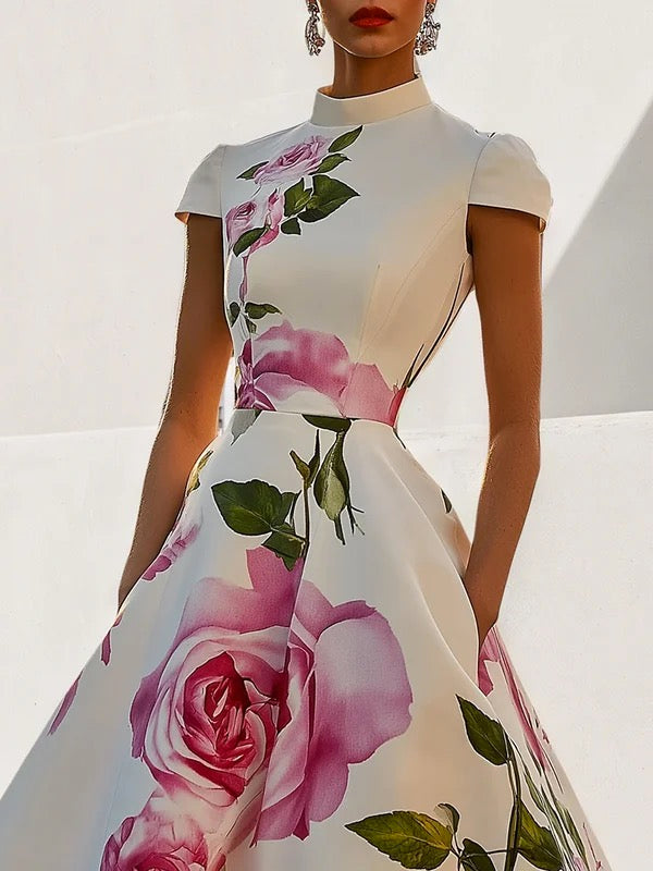 Olivia Bennet | Short Sleeves Skinny Flower Print Stand Collar Midi Dresses